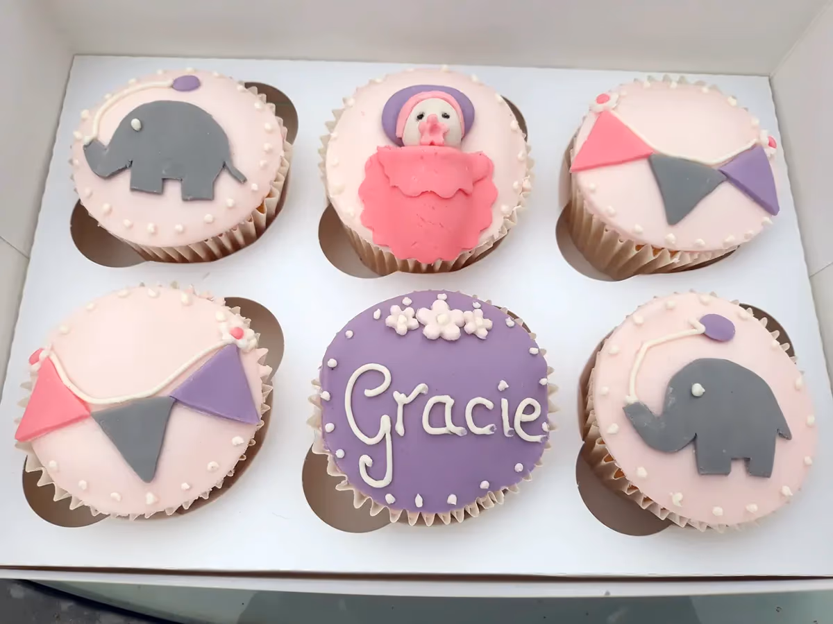 Baby shower cupcakes pink purple grey elephant bunting gracie